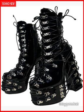 Chunky Platform Ankle Booties Lace Up Buckle Heeled Shoes Large Size